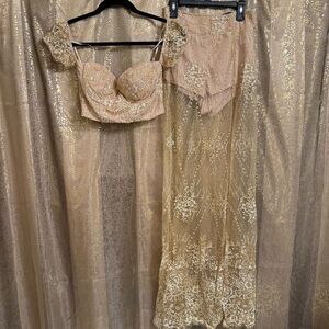 BLITHE Skirt Shorts Top Set Nude Sparkly Gold Glittery Mesh Girly Outfit XS/S